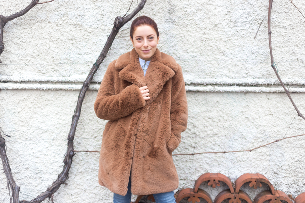 teddy bear coat outfit con cappotto peluche