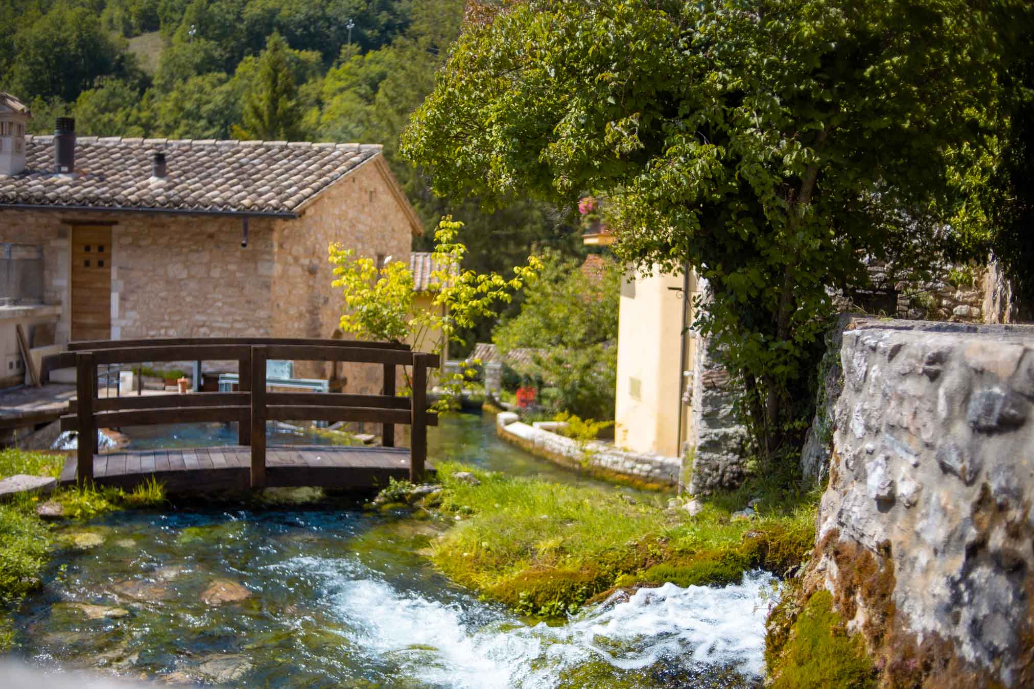 vista su un ponte sospeso sulla sorgente a rasiglia