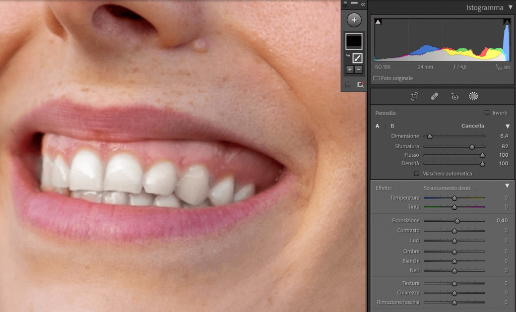 come rendere i denti bianchi con lightroom